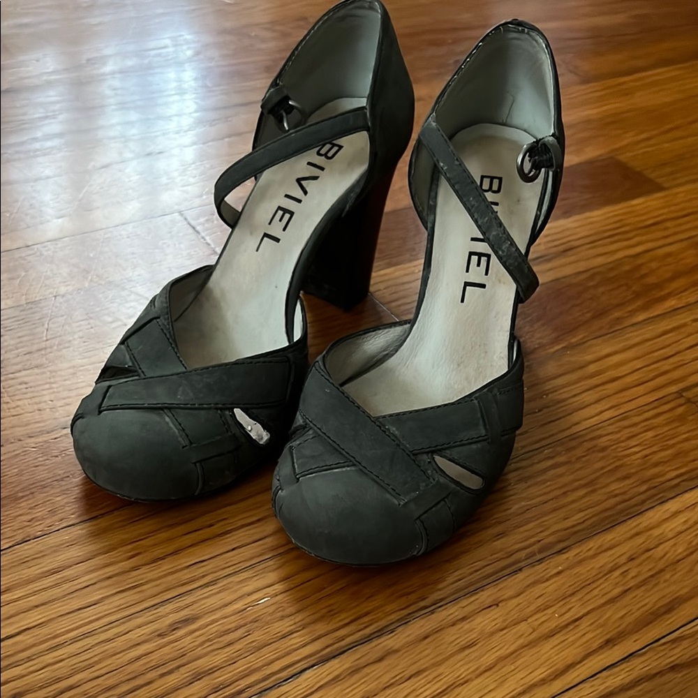 Blue/gray leather heels by Biviel.  Size 37.  Equivalent of size 6.5 or 7.